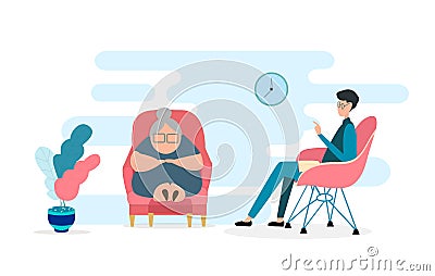 Elderly lady on visit to psychologist, white background. Vector illustration in flat style Vector Illustration