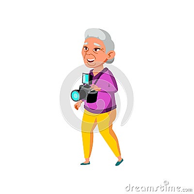 elderly lady walking on excursion with photo camera cartoon vector Vector Illustration