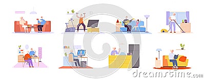 Elderly leisure. Happy grandparents retirement concept, seniors hobbies older people leisurely daily life and household Vector Illustration