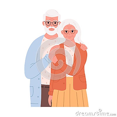 Elderly love couple hugging. Smiling grandpa and granny in modern outfit. Retired man and woman. Hand drawn vector Cartoon Illustration