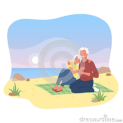 Elderly loving couple people hug, senior man and woman sitting together on sea beach Vector Illustration