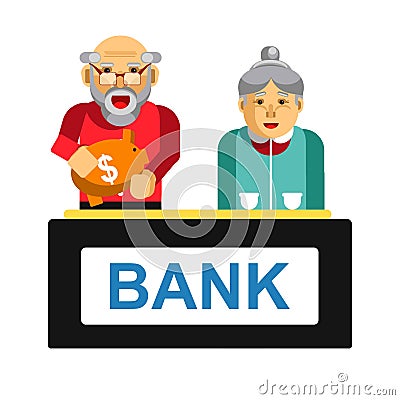 Elderly making deposit in bank. Grandparents with bag of money Vector Illustration