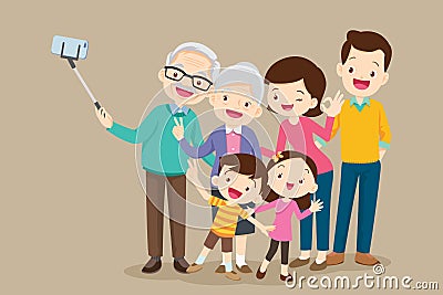 Elderly making selfie photo with family Vector Illustration