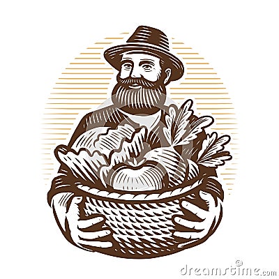 Elderly male farmer holding basket with various vegetables in vintage engraving style. Organic fresh food emblem vector Vector Illustration