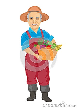 Elderly male gardener wearing overalls carrying basket of fresh vegetables Vector Illustration