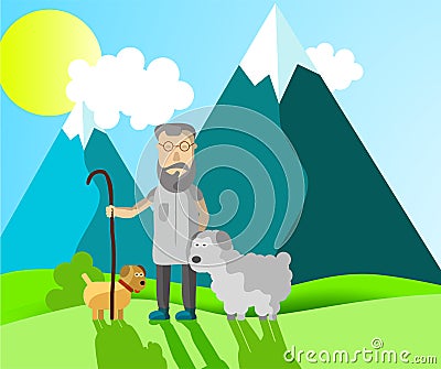 Elderly male shepherd walks with a dog and sheep in a mountain meadow on a sunny day in a flat style Stock Photo