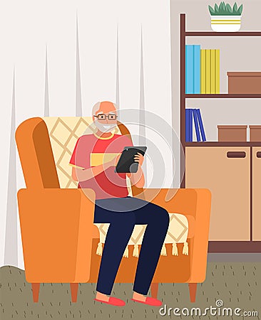 Elderly man adapting to new technologies and Internet with tablet. Seniors deal to modern technology Vector Illustration