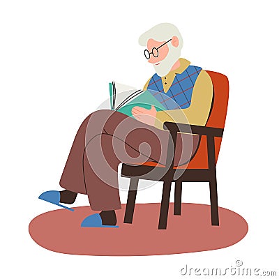 Elderly man with a beard sits in a chair and reads a book. Vector Illustration