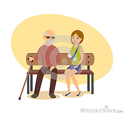Elderly man with cane sits on bench next to girl. Vector Illustration