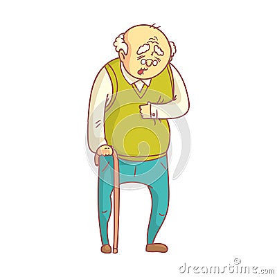 An elderly man with cane suffering from heart pain. Colorful cartoon character Vector Illustration