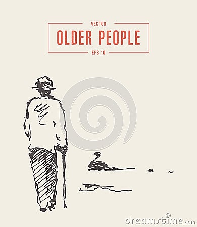 Elderly man cane walking pond park vector sketch Vector Illustration