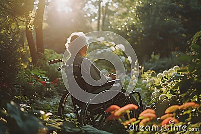 Elderly Man Contemplating in Wheelchair by Window Stock Photo