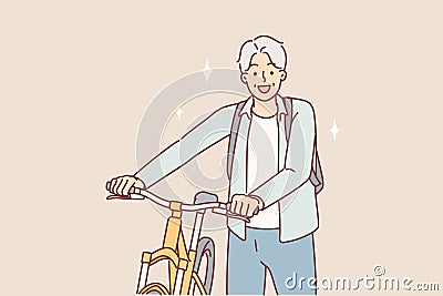 Elderly man cyclist stands near bicycle and looks at screen smiling while cycling through park Vector Illustration