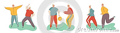 Elderly man doing exercises. Healthy lifestyle, active lifestyle. Sport for grandparents.Holding hands couple.Objects Vector Illustration