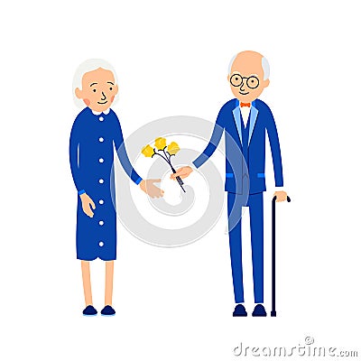 Elderly man giving flowers to woman. Grandpa giving bouquet of f Vector Illustration
