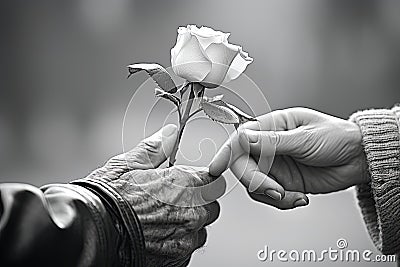 Elderly man giving rose to his wife. Closeup of hands and flower. Generative Ai Stock Photo