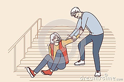 Elderly man helps fallen gray-haired old woman up while descending street staircase Vector Illustration