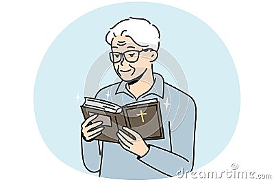 Elderly man looks into Holy Scripture, reads Bible. Vector Illustration