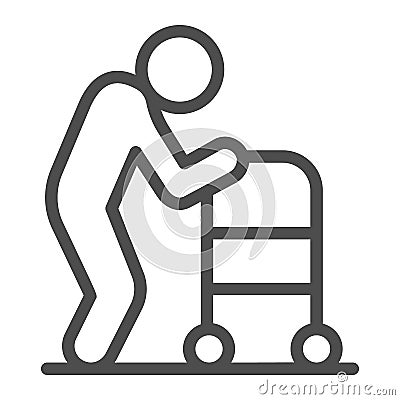 Elderly man with paddle walker line icon, Medical concept, Disabled person with walker sign on white background, Old Vector Illustration