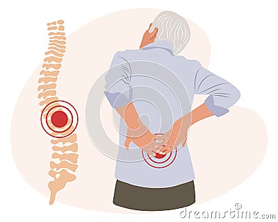 An elderly man with pain in the lumbar vertebrae. Back pain, muscle pain, osteoarthritis, rheumatoid arthritis. Medicine. Vector Illustration