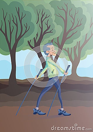 An elderly man practicing nordic walking outdoors. Active lifestyle and sport activities in old age. Vector illustration Vector Illustration