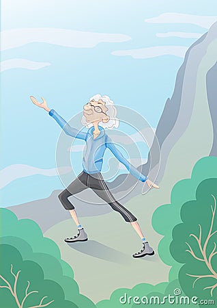 Elderly man practicing Taiji or Wushu gymnastics in nature. Active lifestyle and sport activities in old age. Vector Vector Illustration