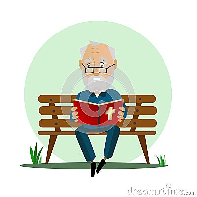 Elderly man reads the Bible while sitting on a park bench. Vector Illustration