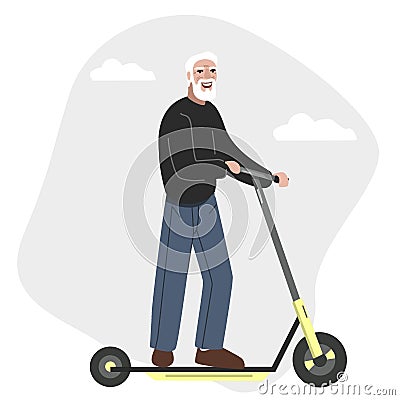 Elderly man riding an electric scooter. Happy active senior character. Flat vector illustration Vector Illustration