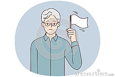 Elderly man with sad face stands showing white flag as sign of lack of strength. Vector image Vector Illustration