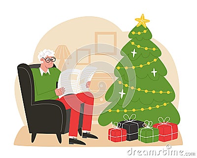 Elderly man sits in a armchair near Christmas tree and reads a newspaper Vector Illustration