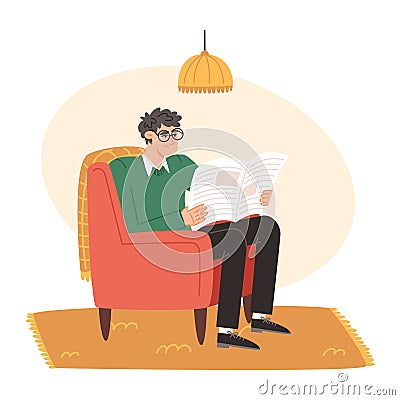 An elderly man sits in a comfortable chair and reads a newspaper in cozy living room Vector Illustration