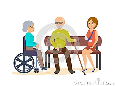 Elderly man, sits with girl on bench, woman in chair. Vector Illustration