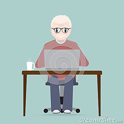 Elderly man sitting front of computer on work table icon Vector Illustration