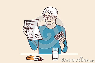 Elderly man takes medicine and reads dosage instructions for pills prescribed by doctor. Vector Illustration