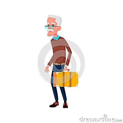 elderly man traveler with luggage on railway station cartoon vector Vector Illustration