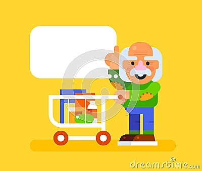Elderly man with trolley at supermarket. Vector Vector Illustration