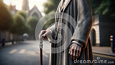 Elderly Man Walking with Cane Stock Photo