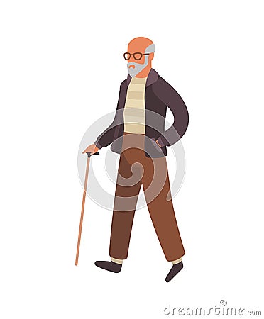 Elderly man walking. Old senior in glasses with stick walks in park, healthy leisure lifestyle for retiree. Flat vector Vector Illustration