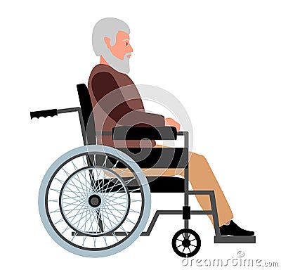 Elderly man in a wheelchair. Grandfather sitting on wheelchair, disabled senior gentleman posing in a wheelchair, on a Vector Illustration