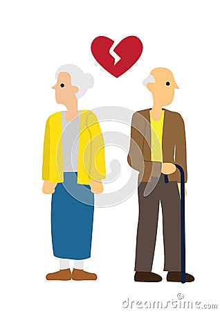 Elderly Man and woman couple with broken heart. Concept of divorce, disagreement or separation Vector Illustration