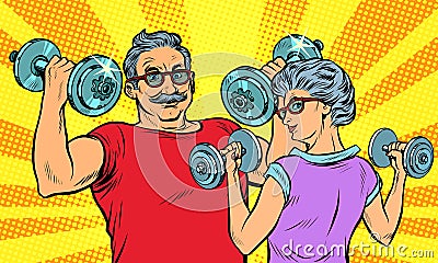 An elderly man and woman grandma grandpa retired in sports, fitness dumbbell Vector Illustration