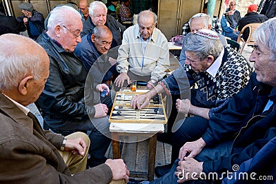 Elderly men play backgammon in Jerusalem, Israel Editorial Stock Photo