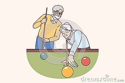 Elderly men play billiards, enjoying favorite hobby that allows spend time with friends Vector Illustration