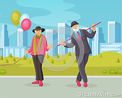 Elderly men senior age person dances in retro style Vector Illustration