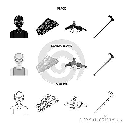 Elderly men, tablets, pigeons, walking cane.Old age set collection icons in black,monochrome,outline style vector symbol Vector Illustration