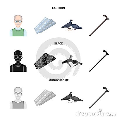 Elderly men, tablets, pigeons, walking cane.Old age set collection icons in cartoon,black,monochrome style vector symbol Vector Illustration