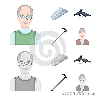 Elderly men, tablets, pigeons, walking cane.Old age set collection icons in cartoon,monochrome style vector symbol stock Vector Illustration