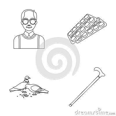 Elderly men, tablets, pigeons, walking cane.Old age set collection icons in outline style vector symbol stock Vector Illustration