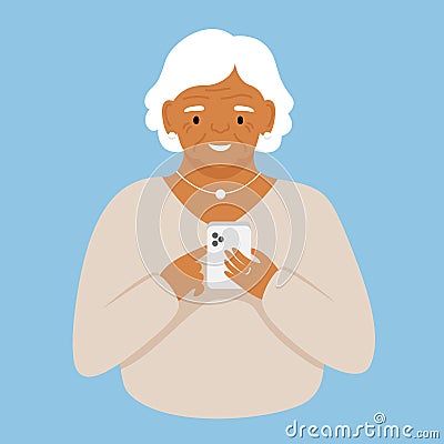 Elderly modern woman looks into the smartphone. Flat illustration for print, design, stickers and poster template Vector Illustration