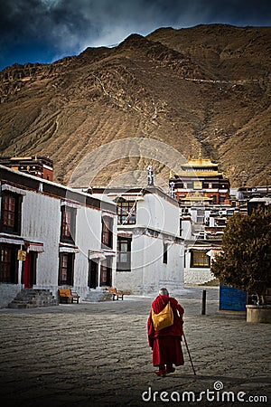 An elderly monk of Tashilompu Monastery Shigaste Tibet Editorial Stock Photo